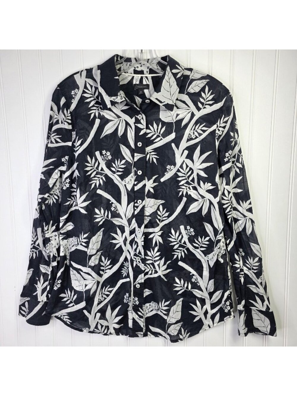 Talbots Shirt Womens Medium Black White Leopard Jungle Print Semi Sheer Top